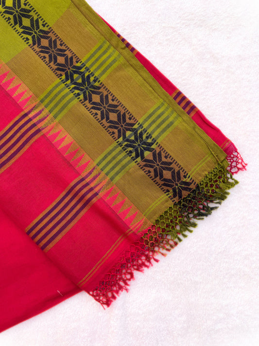 Pink Handloom cotton saree with green border