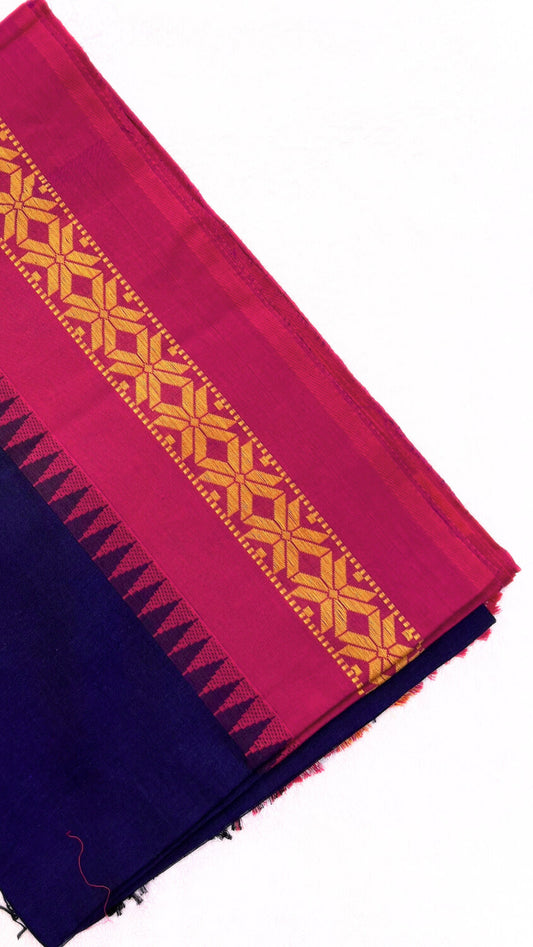 Navy blue Handloom cotton saree with Pink border