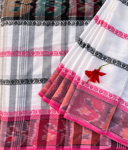 White with pink and black striped Handloom saree