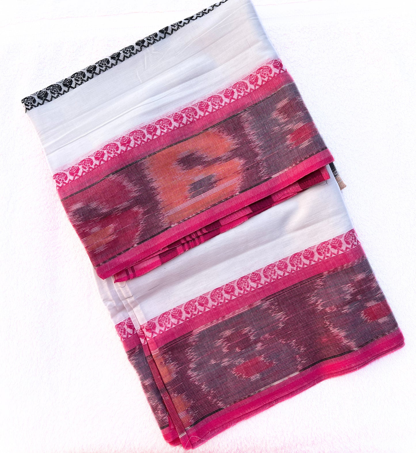 White with pink and black striped Handloom saree