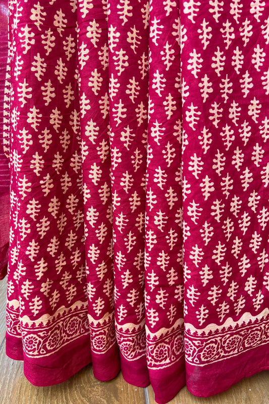 Maheshwari dabu printed maroon cotton saree