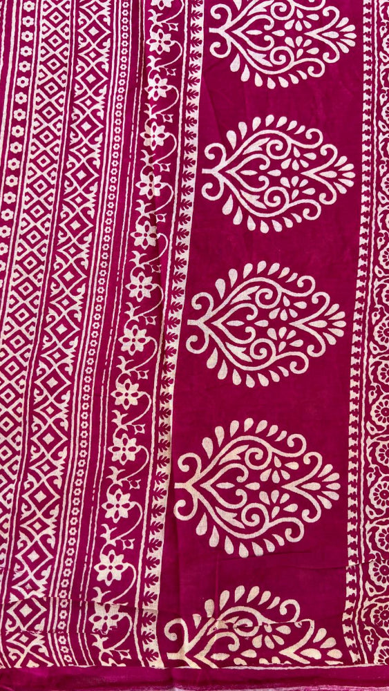 Maheshwari dabu printed maroon cotton saree