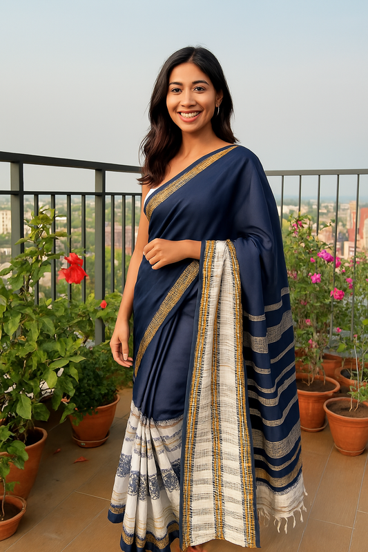 Navy blue and white Handloom saree