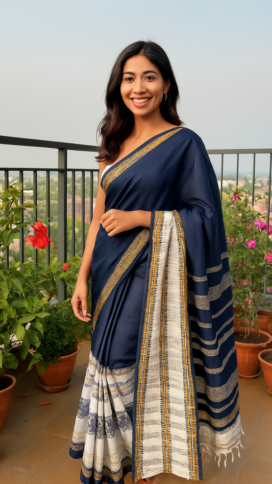 Navy blue and white Handloom saree