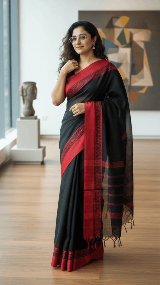 Black Handloom cotton saree with Red border