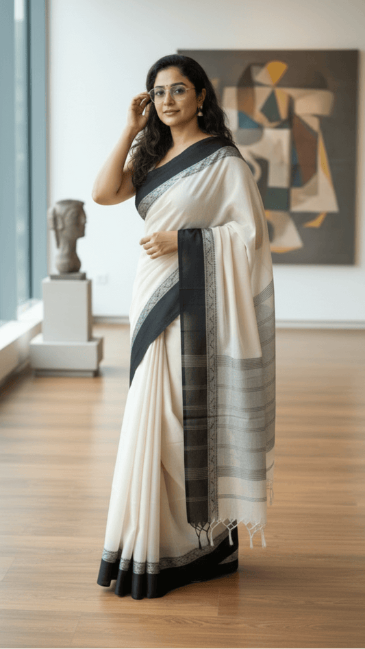 Beige Handloom cotton saree with Black border