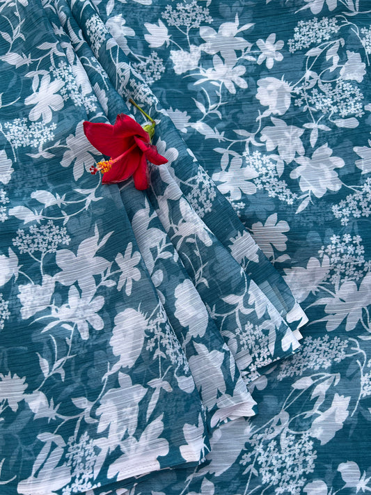 Blue floral Semi Chiffon Saree