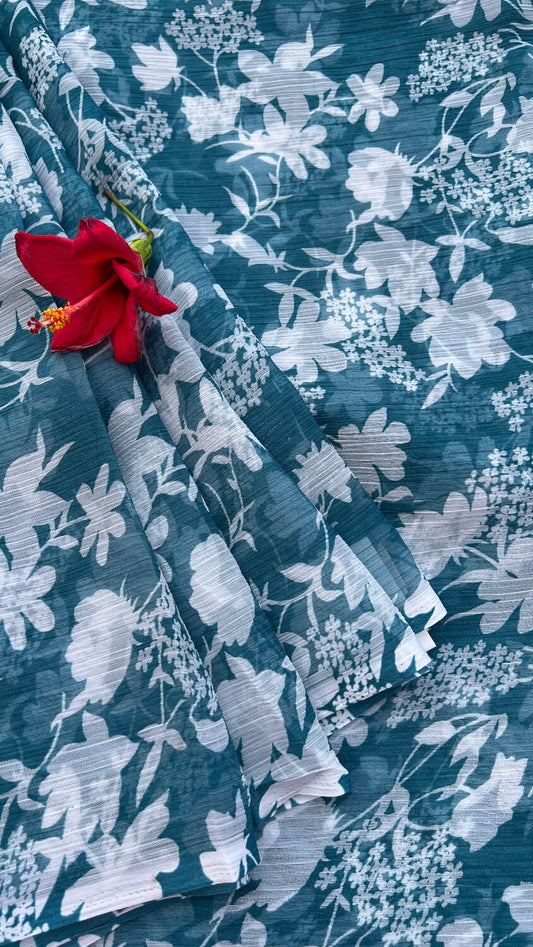 Blue floral Semi Chiffon Saree