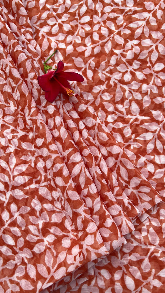 Orange leaf print Saree