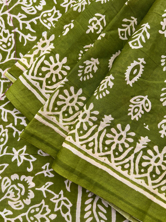 Green printed cotton saree