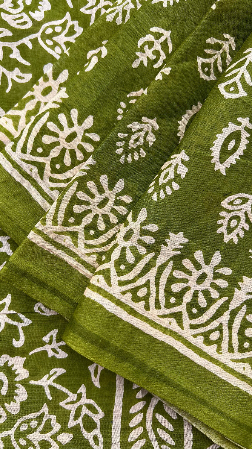 Green printed cotton saree