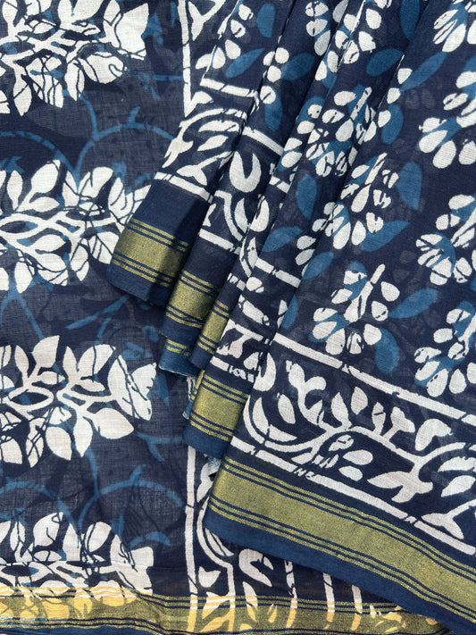 Indigo printed cotton saree