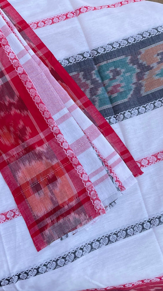 White with Red Ikkat border Handloom saree