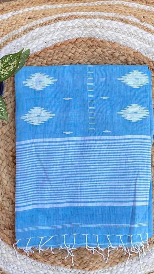 Blue Soft cotton Jamdani saree