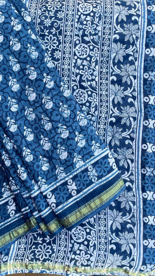 Indigo floral printed cotton saree