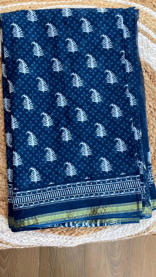 Indigo leaf printed cotton saree