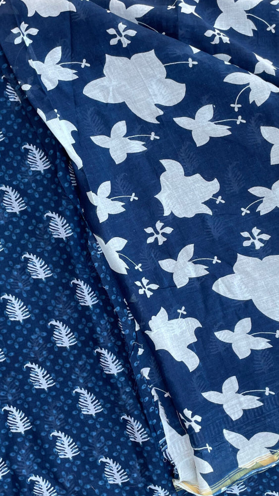 Indigo leaf printed cotton saree