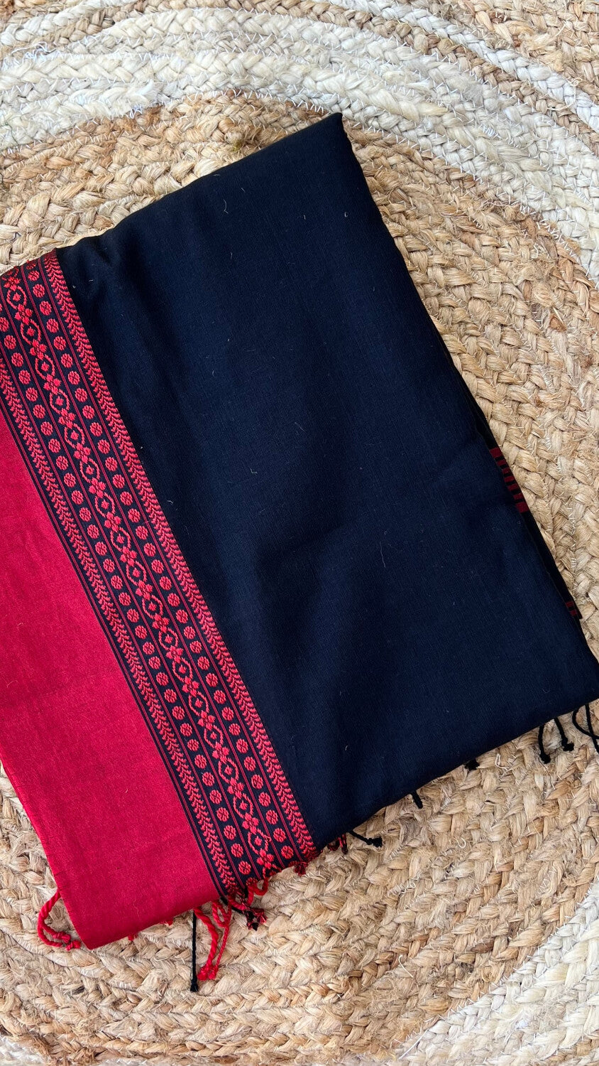 Black Handloom cotton saree with Red border