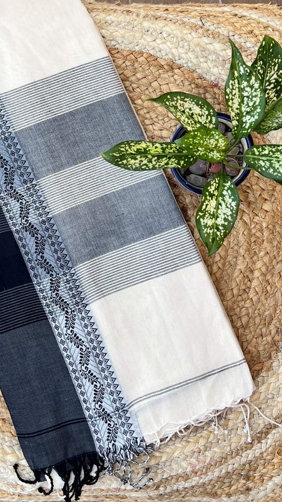Beige Handloom cotton saree with Black border