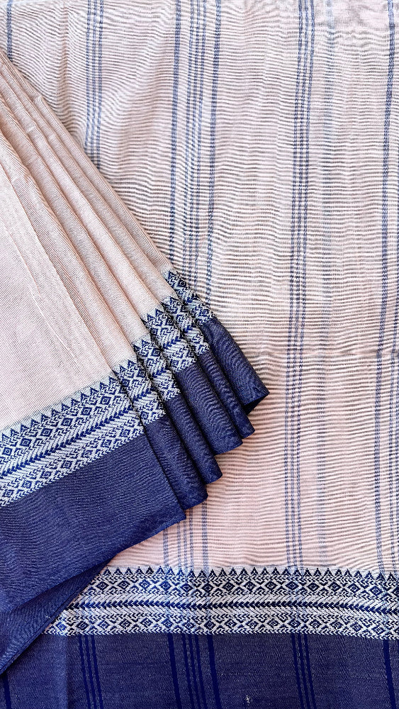 Beige Handloom cotton saree with Blue border