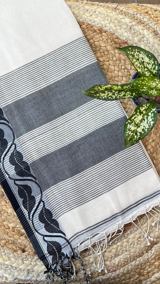 Beige Handloom cotton saree with Black woven border