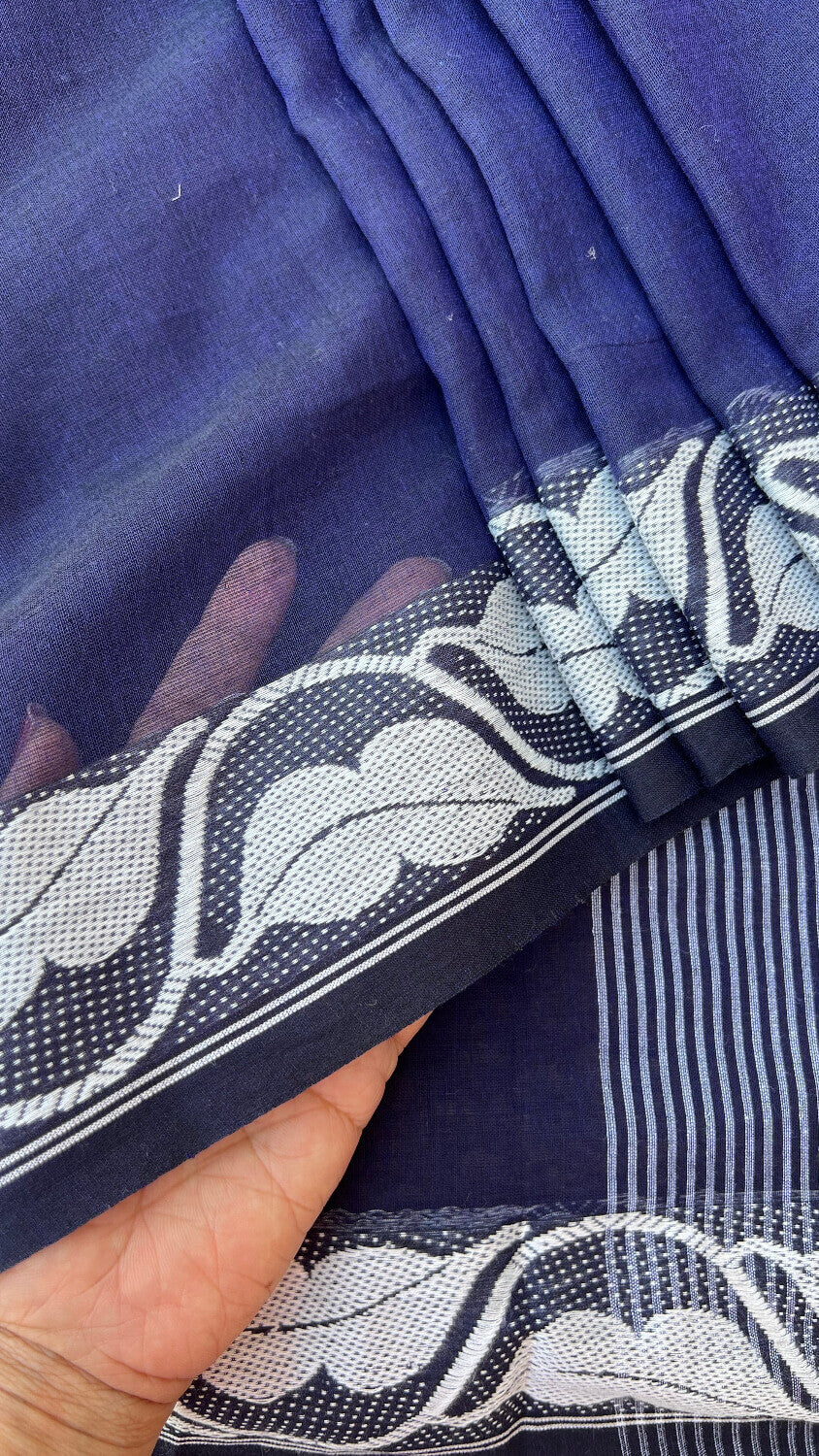 Blue Handloom cotton saree with white border