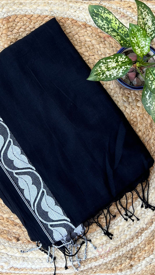 Black Handloom cotton saree with white motif border