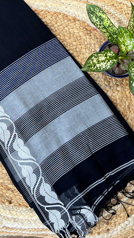 Black Handloom cotton saree with white motif border