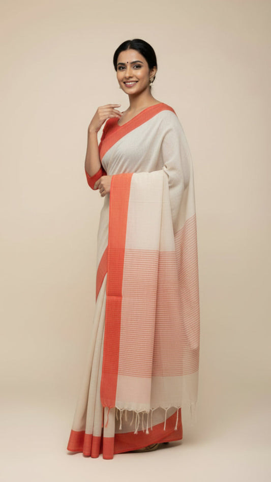 Beige Handloom cotton saree with Orange border