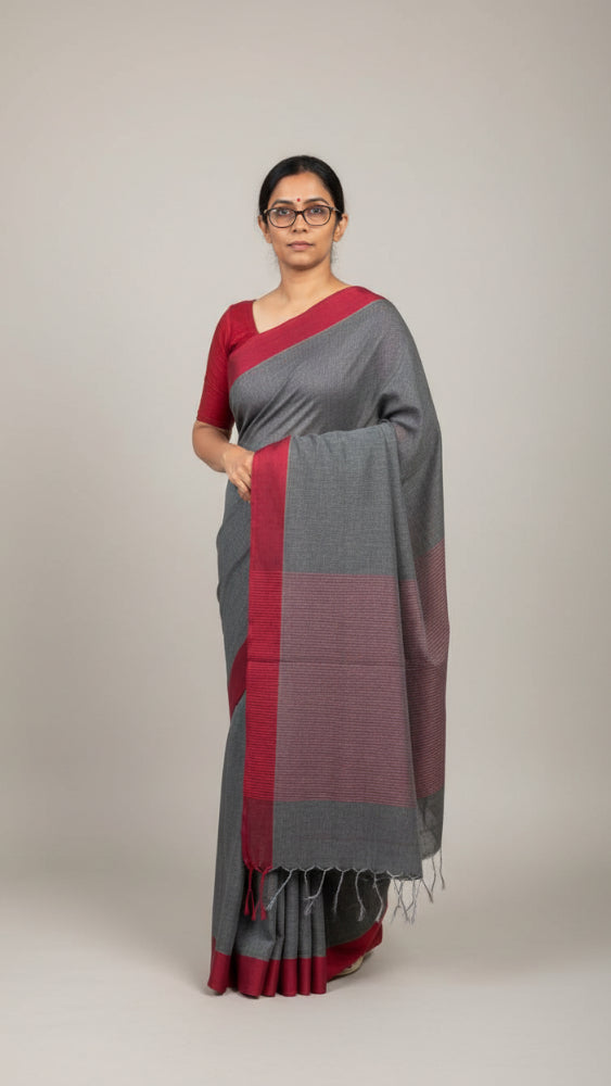 Grey Handloom cotton saree with Red border