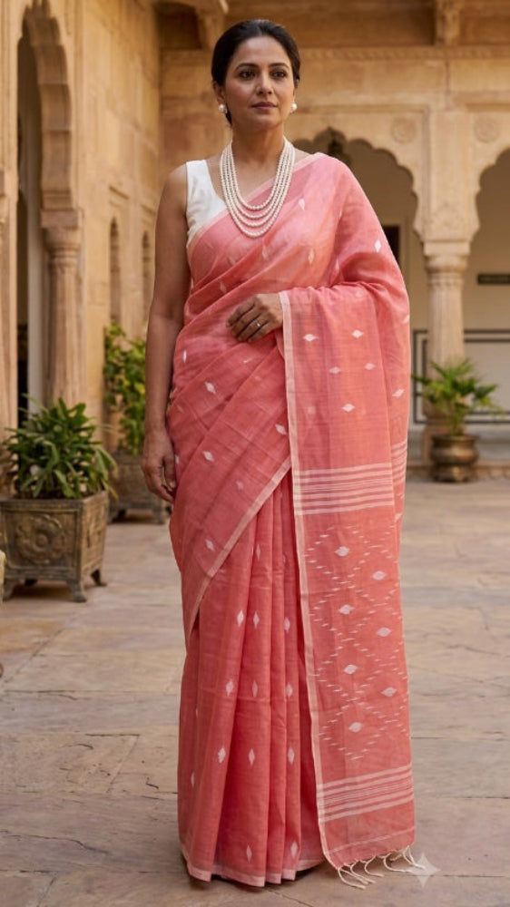 Peach Soft cotton Jamdani saree