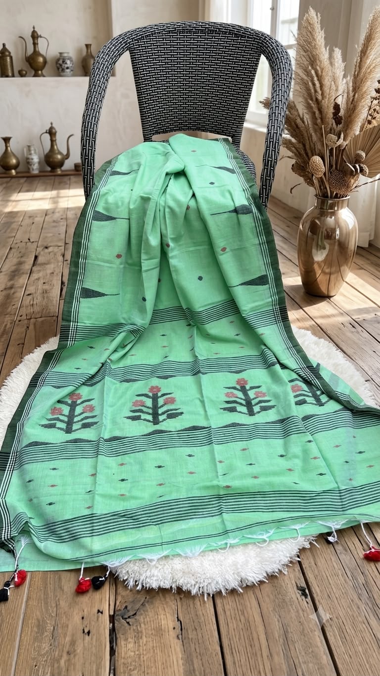 Green cotton Jamdani saree