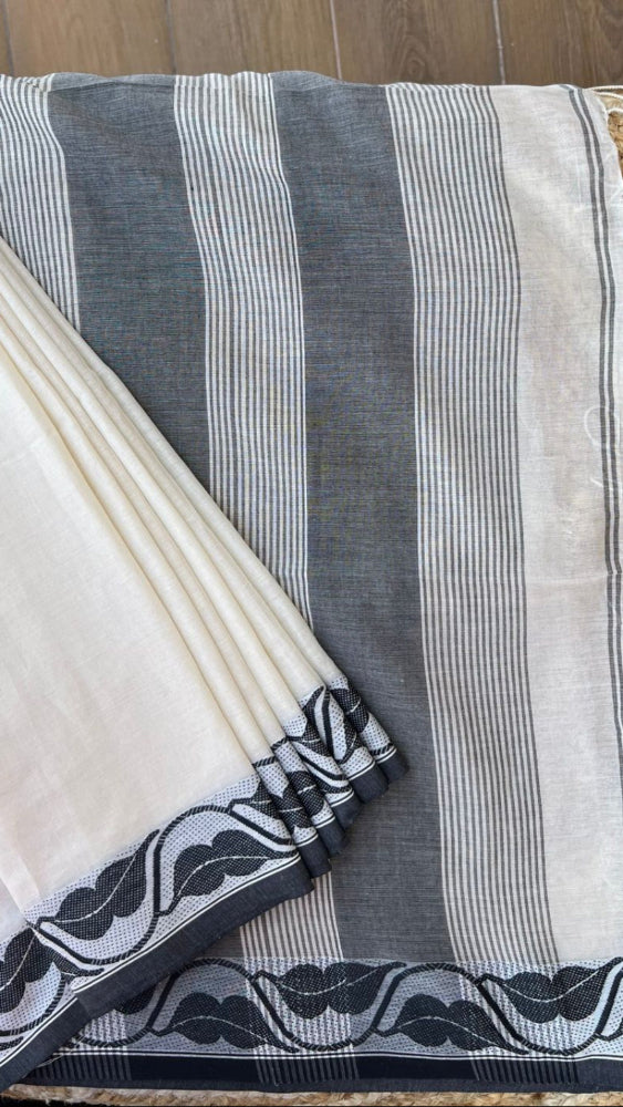 Beige Handloom cotton saree with Black woven border