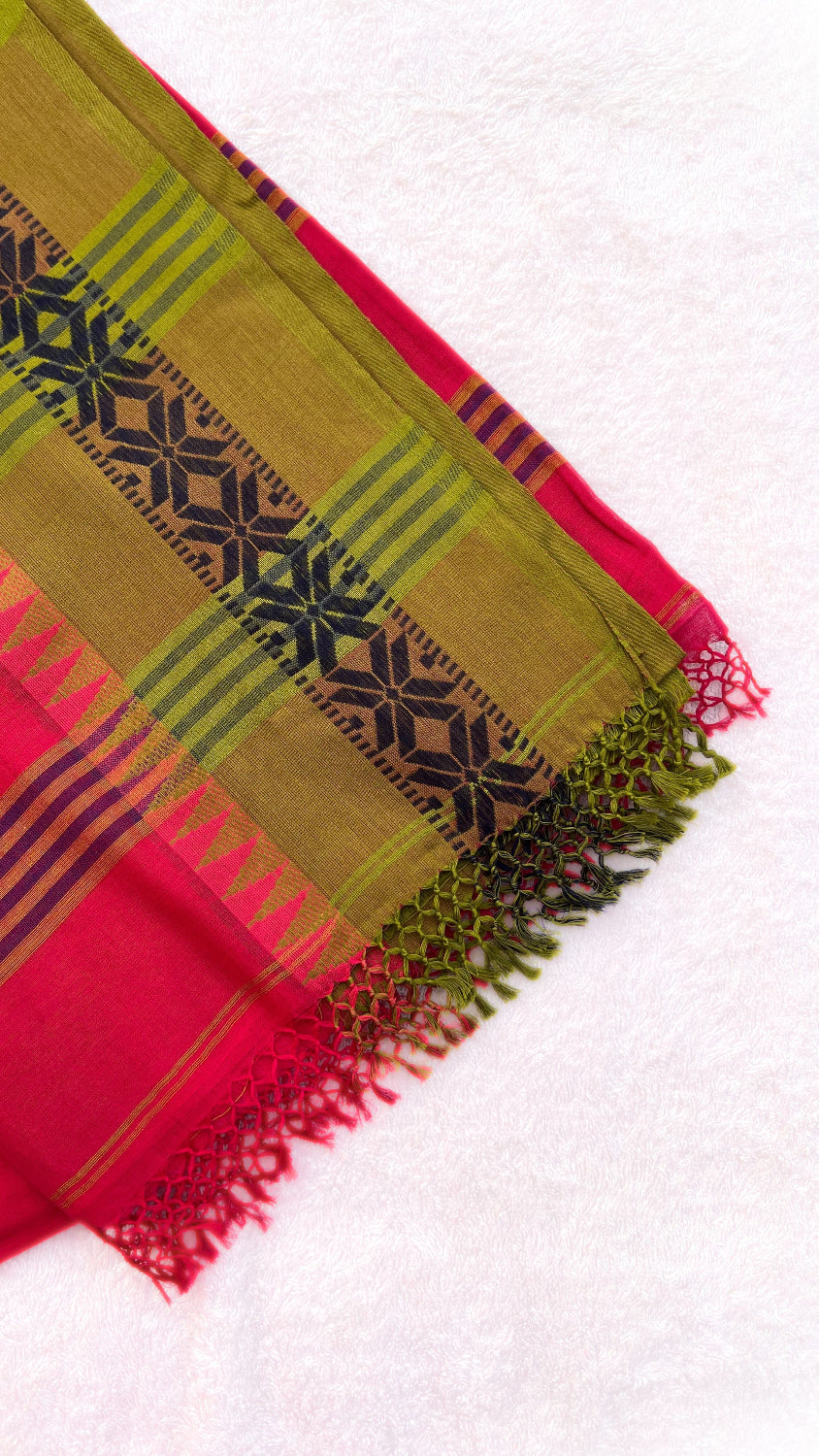 Pink Handloom cotton saree with green border