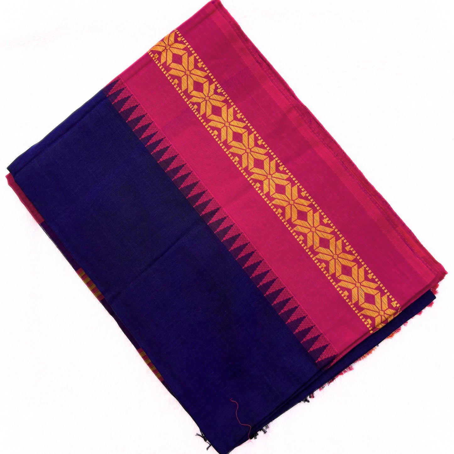 Navy blue Handloom cotton saree with Pink border