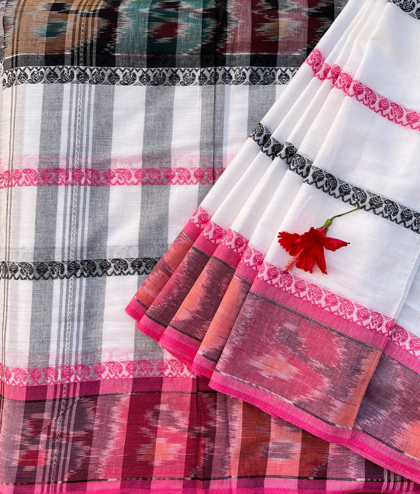 White with pink and black striped Handloom saree