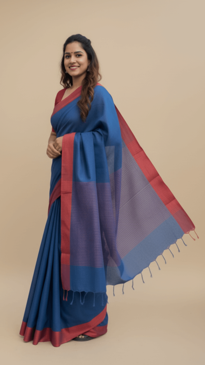 Blue Handloom cotton saree with Red border