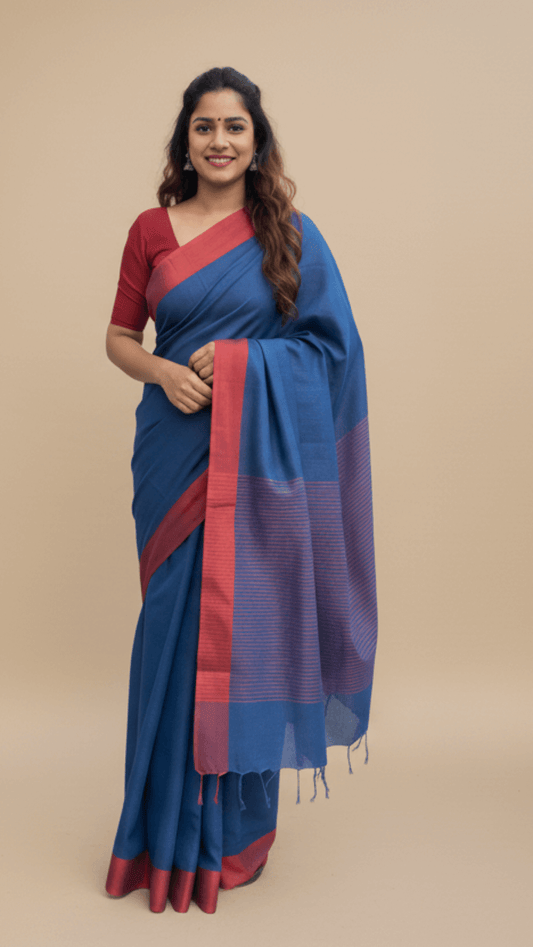 Blue Handloom cotton saree with Red border