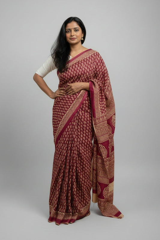Maheshwari dabu printed maroon cotton saree