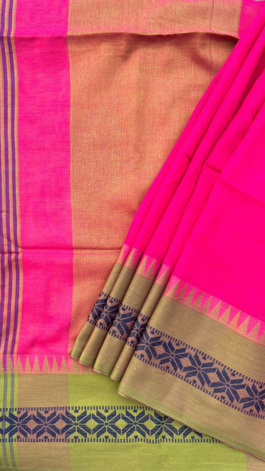Pink Handloom cotton saree with green border