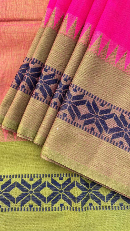 Pink Handloom cotton saree with green border