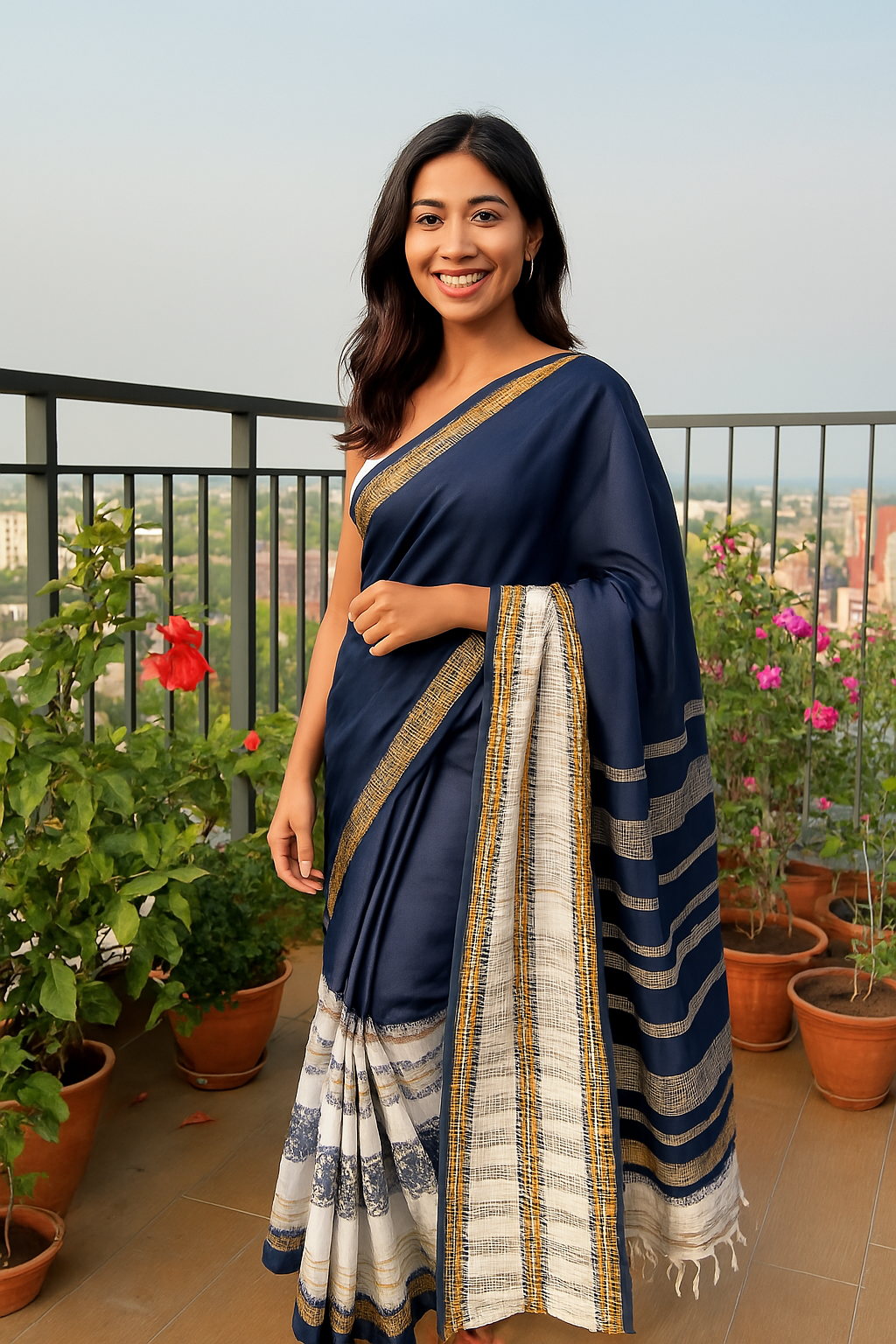 Navy blue and white Handloom saree