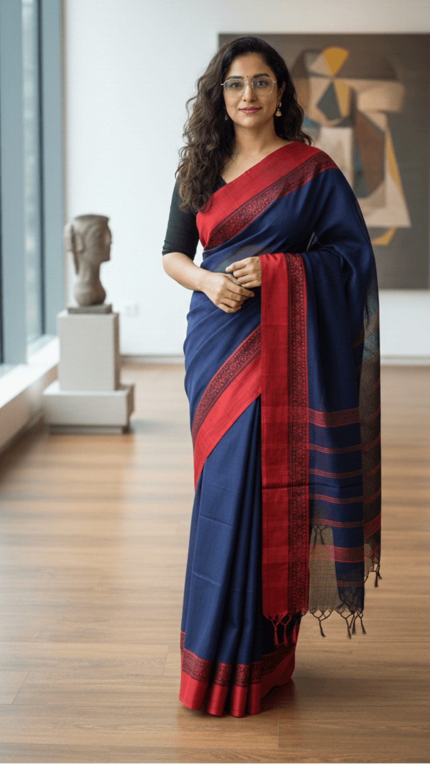 Navy blue Handloom cotton saree with Red border