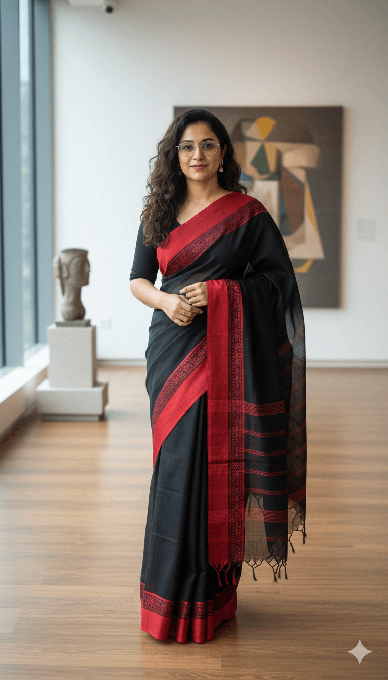 Black Handloom cotton saree with Red border