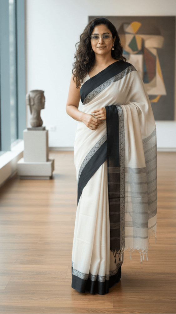 Beige Handloom cotton saree with Black border