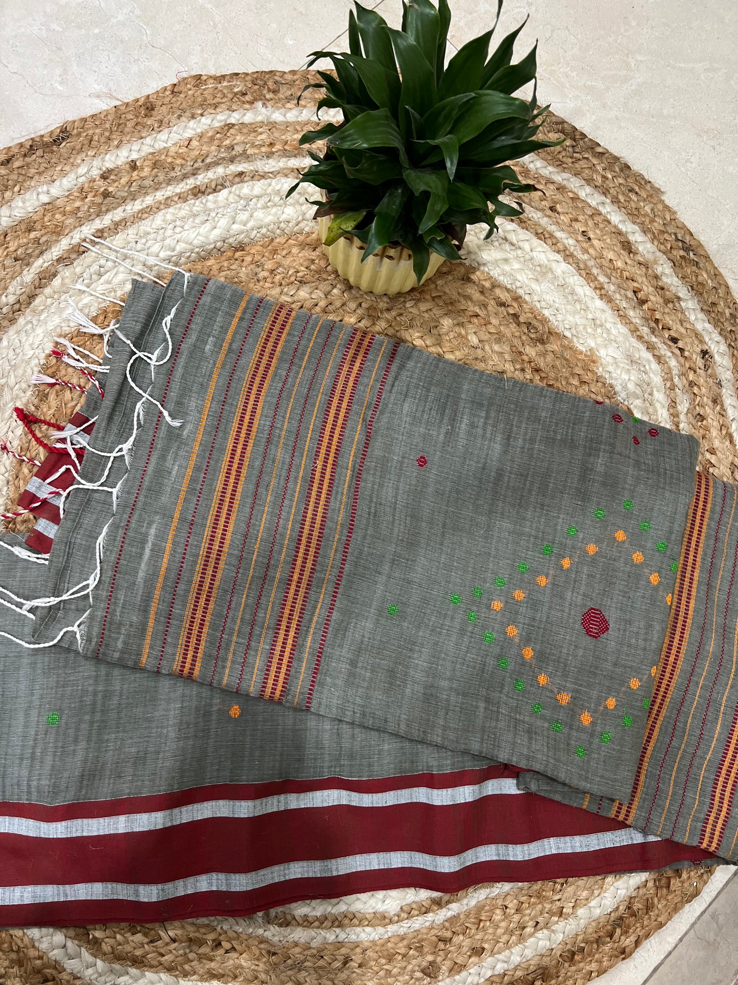 Handwoven Grey Khaadi Cotton embroidered saree