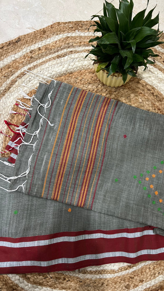 Handwoven Grey Khaadi Cotton embroidered saree