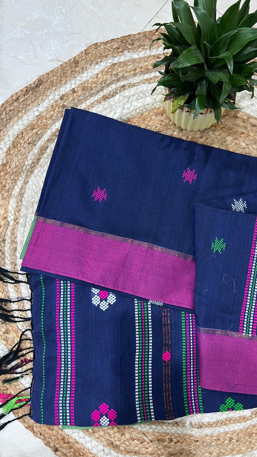 Midnight blue Handloom Embroidered Saree