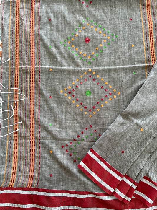 Handwoven Grey Khaadi Cotton embroidered saree