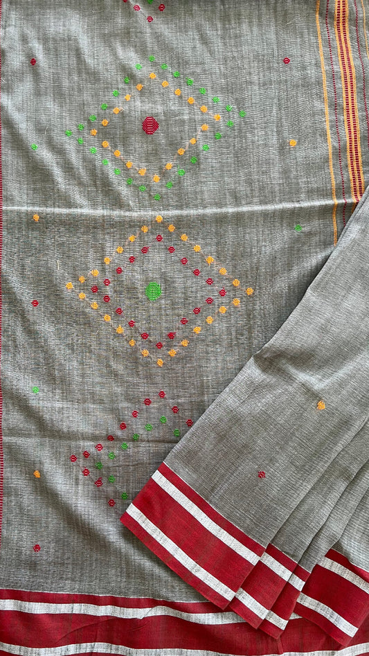 Handwoven Grey Khaadi Cotton embroidered saree